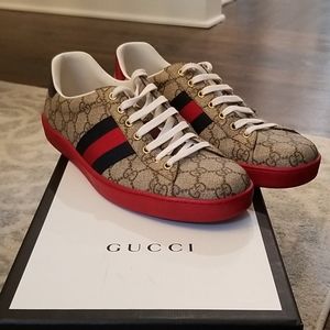 Gucci Mens New Ace Webbed Low Top Sneaker 9 1/2